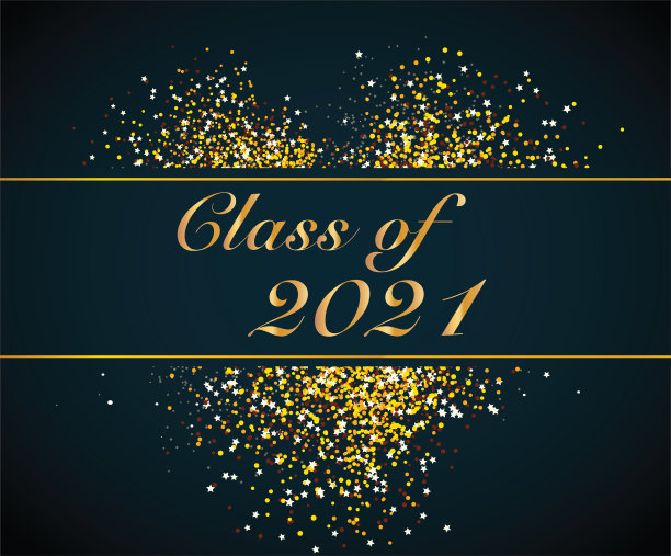 2021届金字毕业。毕业设计模板，派对，高中或大学毕业生，2021年年鉴。矢量插图。背景。图片下载