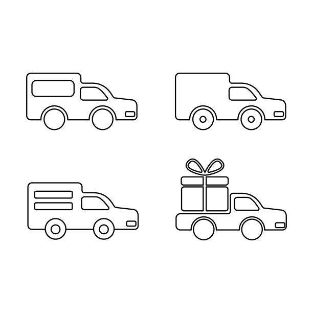 汽车收藏图标。货车、皮卡、货车送货的轮廓图标。后面有礼物的车图片下载
