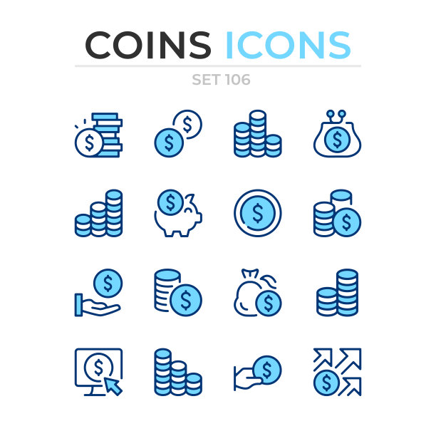 硬币的图标。向量线图标集。优质的质量。简单的细线设计。现代轮廓符号收藏、象形文字。图片下载