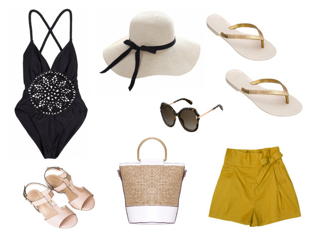 女性拼贴的海滩衣服孤立的白色背景图片下载