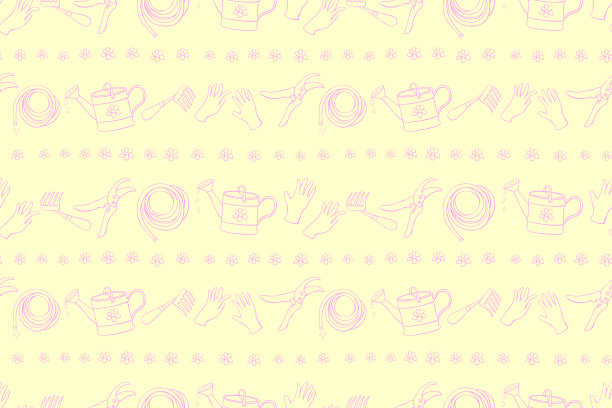 无缝模式与轮廓园艺设备:喷壶，耙，锄头，手套，修枝，软管灌溉。矢量背景和纹理与工具园艺在涂鸦风格图片下载