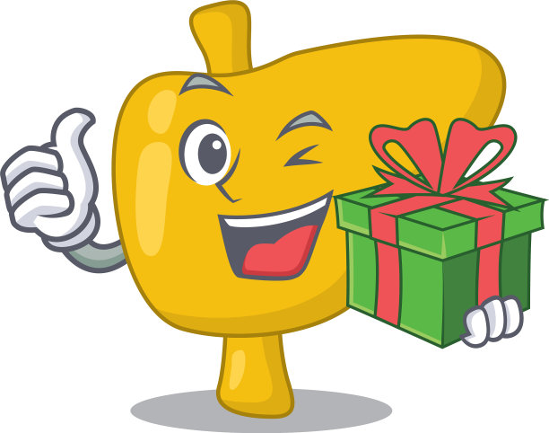 快乐的肝脏卡通人物与一个大礼盒图片下载