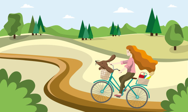 一个年轻女子骑着自行车和一只狗在自然风景的背景下。矢量插图。图片下载