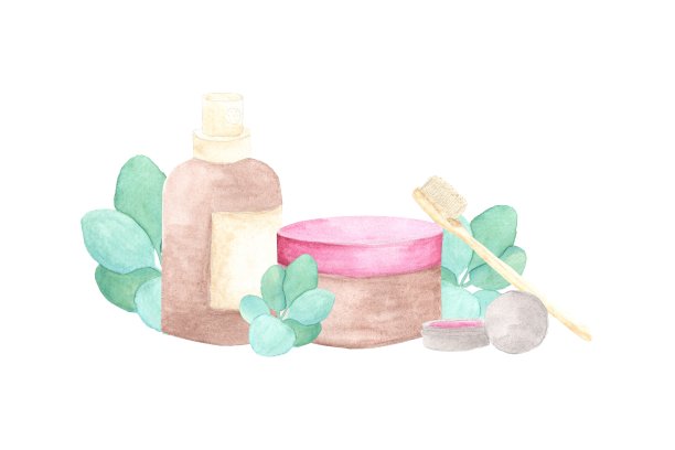 水彩构成与生态化妆品和绿叶图片下载