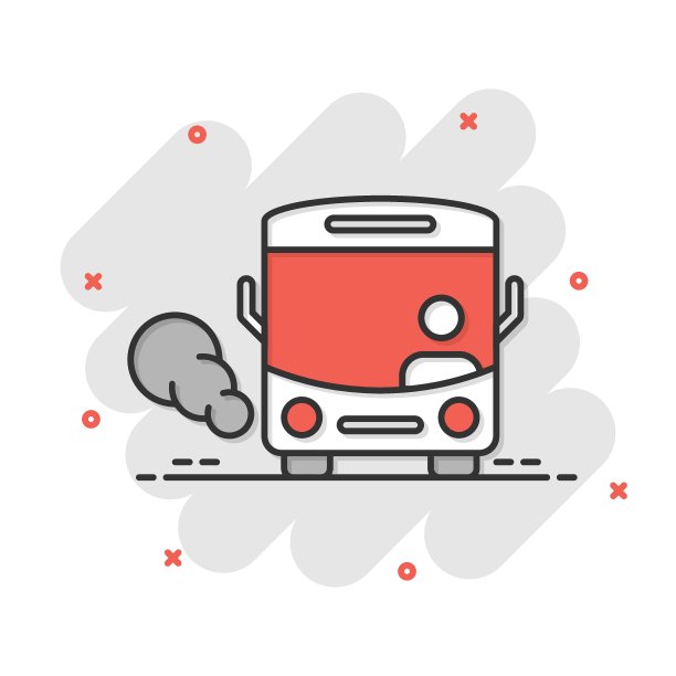 漫画风格的巴士图标。教练卡通矢量插图在白色孤立的背景。汽车飞溅效应的经营理念。图片下载