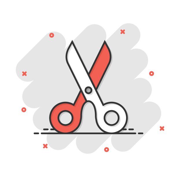 漫画风格的剪刀图标。切割设备卡通矢量插图在白色孤立的背景。切割机飞溅效应的经营理念。图片下载
