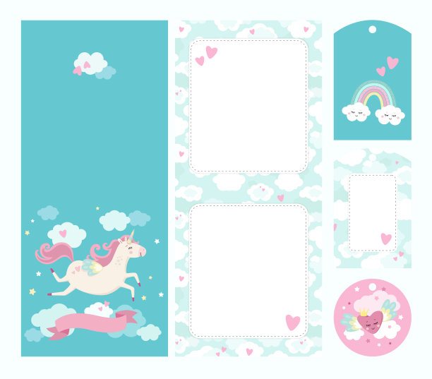 独角兽的主题。双面问候或邀请卡模板与礼物标签和鲜花卡图片下载