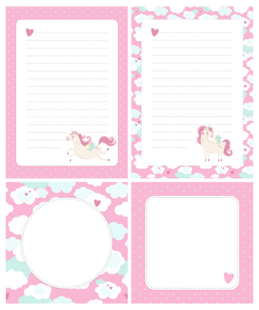 一套可爱的卡片，字母，空白，页的笔记在幼稚的风格在独角兽主题。图片下载