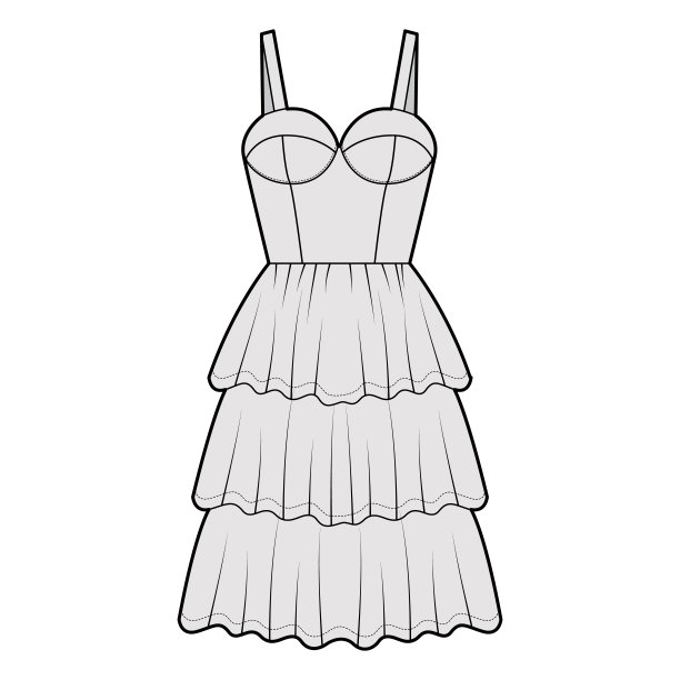 胸衣技术时尚插图与无袖，杯，合身的身体，3排长度膝盖褶层裙图片下载