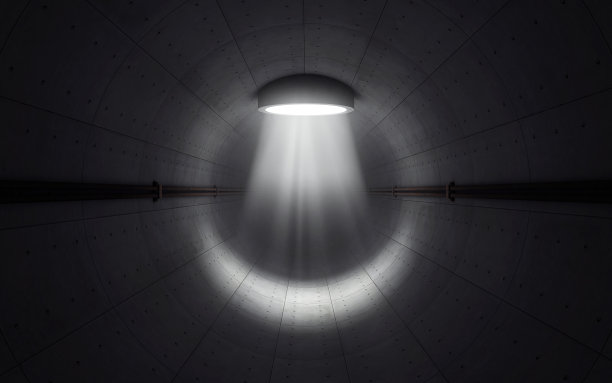 黑暗的旧混凝土墙如同隧道，光线从里面射进来。三维渲染图片下载