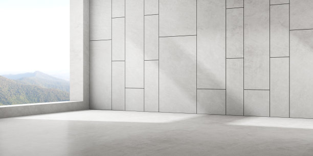 在自然背景上有大窗户的混凝土空房间的3d渲染，产品展示的空空间。图片下载