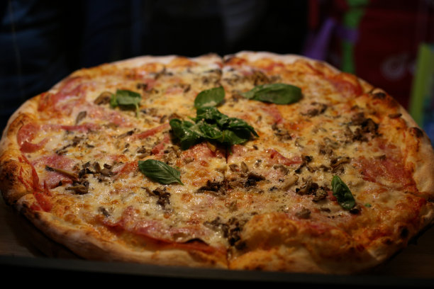 白蘑菇，火腿，朝鲜蓟，西红柿，橄榄，帕尔马干酪和马苏里拉奶酪配木背景图片图片下载