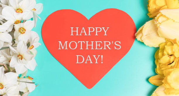 白色的水仙花和黄色的郁金香带着一颗心的题词带着题词母亲节快乐。绿色美丽的节日横幅图片下载