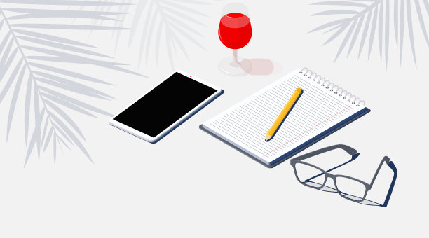 自由职业者的工作场所。一个笔记本，铅笔，智能手机和一杯在海滩上的红酒。等距闲逛插图在明亮的白色颜色。工作时休息和放松。向量概念背景图片下载