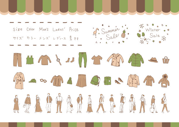时尚服装和模特日语书法“尺寸”“颜色”“价格”“材料”图片下载