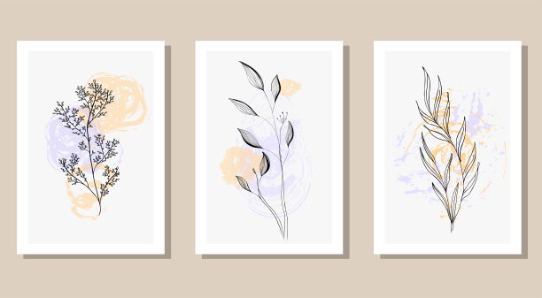 抽象矢量墙画廊，一套3版画与树枝，设计与形状和手绘背景线在流行的颜色。当代艺术，孤立的海报拼贴，社交网络，故事。图片下载