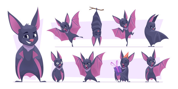 飞行的蝙蝠。卡通野生吸血鬼可怕的哺乳动物老鼠吉祥物与翅膀精确矢量图片收集图片下载