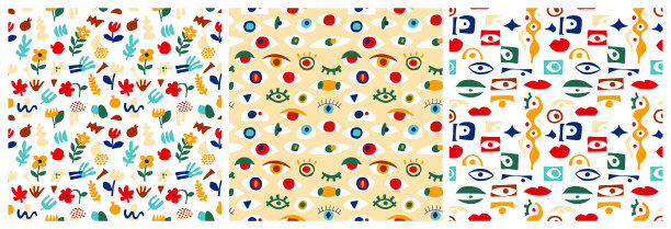 当代风格的眼抽象图案与几何形状。向量希腊无缝图案与看，眼睛在现代拼贴风格。图片下载