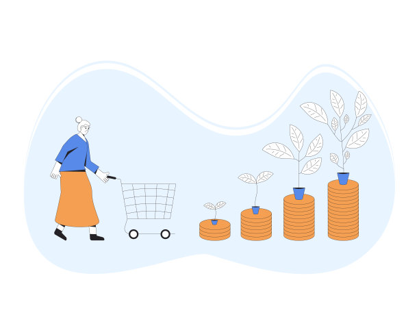 投资回报。带着购物篮和钱树的老妇人。得到的收入。养老基金。矢量线艺术插图。图片下载