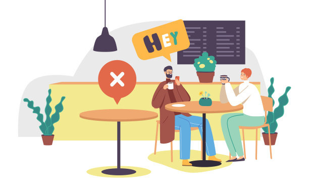 在新冠病毒爆发的咖啡馆或餐厅，人们坐在旁边空桌子的桌子旁。社会距离图片下载