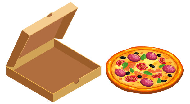 披萨与纸箱纸箱打开，等距包装。包装模板、送货、平面设计。向量图片下载
