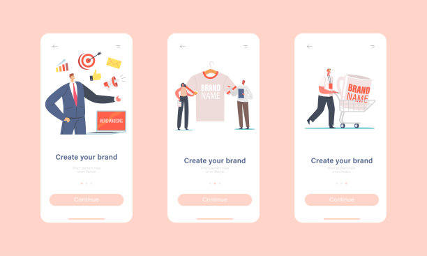 创建你的品牌手机应用页面板载屏幕模板。微小的男性和女性角色与巨大的促销产品图片下载