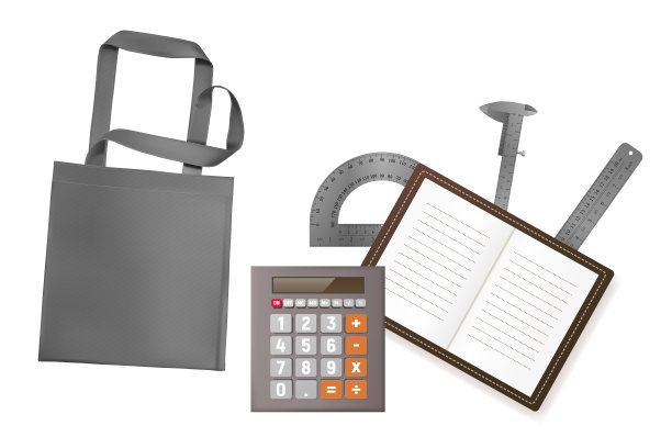 现实的灰色生态袋，计算器，尺子，记事本矢量插图。图片下载