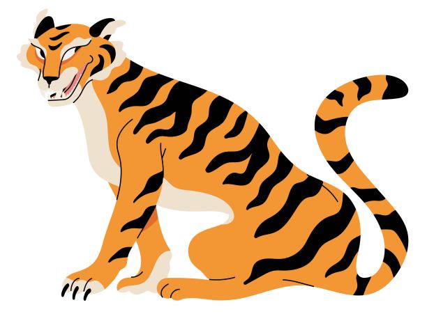 可爱的东方或亚洲卡通风格的老虎孤立在白色的背景。时尚面料或纺织印花设计。大美丽的野猫坐着象征新年。图片下载