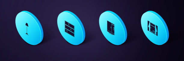 设置等距窗与窗帘，淋浴房，货架和落地灯图标。向量图片下载