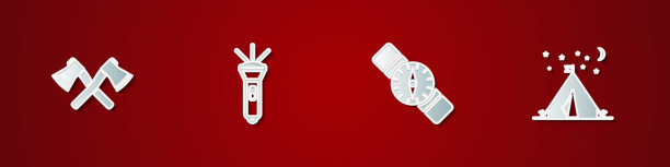 设置交叉木斧，手电筒，指南针和旅游帐篷旗帜图标。向量图片下载