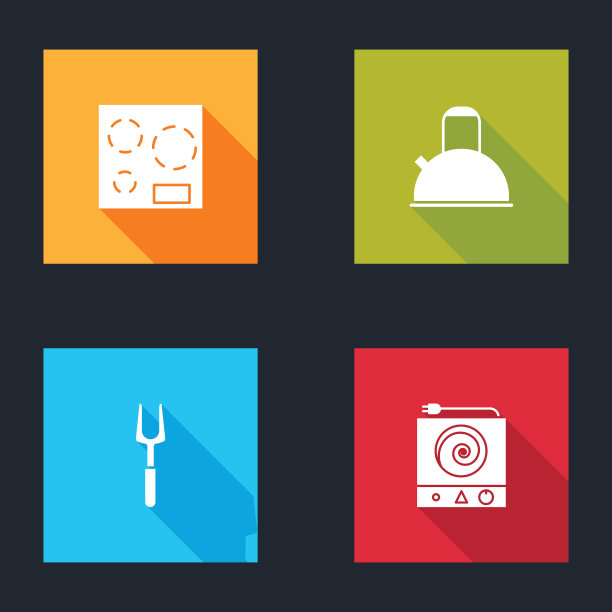 设置电炉，带手柄水壶，烧烤叉和图标。向量图片下载