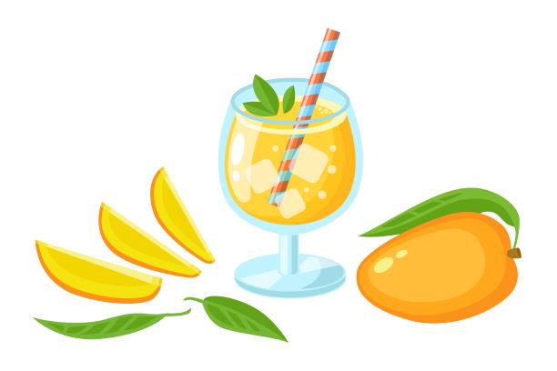 芒果鸡尾酒，切片，整片叶子和单独放置在白色。果汁或果酱标志元素。图片下载
