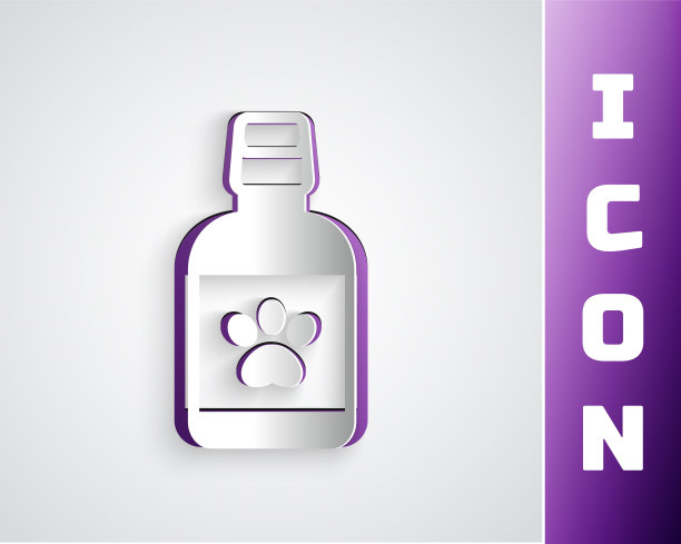 剪纸狗药瓶图标孤立在灰色背景。容器用药物。给动物用的处方药。纸艺术风格。向量图片下载