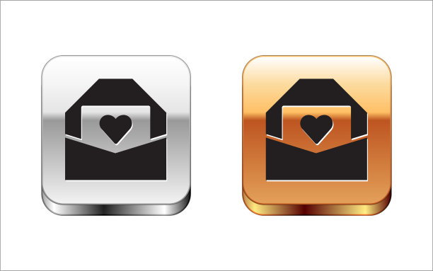 黑色信封与情人节心形图标孤立在白色背景。消息的爱。信上写着爱和浪漫。金银平方按钮。向量图片下载