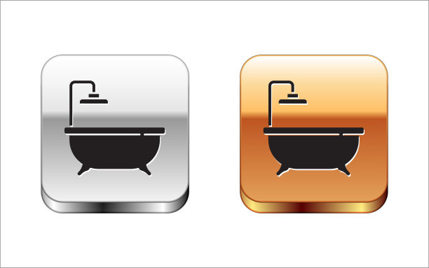 黑色浴缸图标孤立在白色背景。金银平方按钮。向量图片下载
