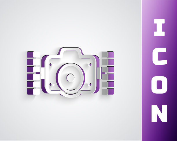 剪纸照片相机潜水员图标孤立在灰色背景。与相机图标。在水下潜水设备。纸艺术风格。向量图片下载