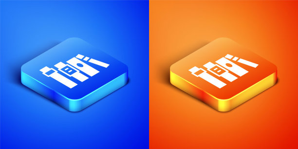 等距书图标孤立在蓝色和橙色的背景。方形按钮。向量图片下载