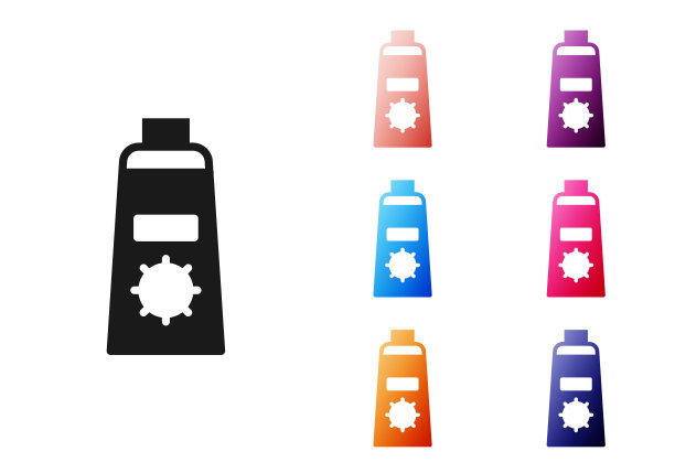 黑色防晒霜在管图标孤立在白色背景。保护皮肤免受太阳紫外线照射。设置图标丰富多彩。向量图片下载