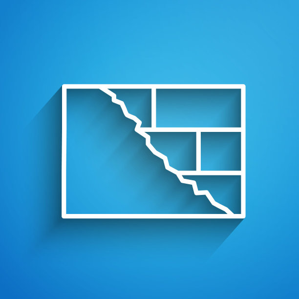 白色线砖图标孤立在蓝色背景。长长的阴影。向量图片下载