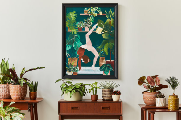 时尚的植物构成的家庭花园室内与木制模拟海报框架，填充了许多美丽的家庭植物，仙人掌，多肉在不同的设计花盆和花卉配件。模板图片下载