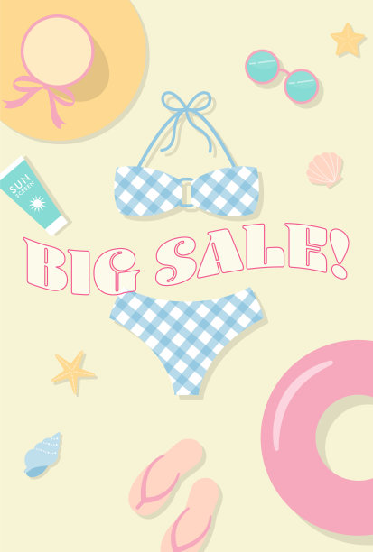 夏季矢量背景与泳衣，人字拖，草帽和其他海滩图标横幅，卡片，传单，社交媒体壁纸等。图片下载