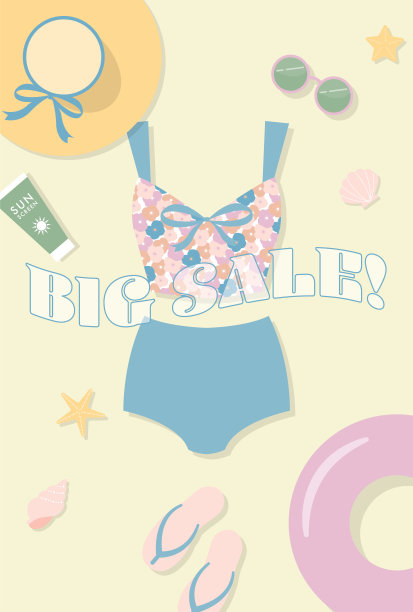夏季矢量背景与泳衣，人字拖，草帽和其他海滩图标横幅，卡片，传单，社交媒体壁纸等。图片下载