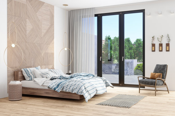 现代卧室的内部配备木制床家具，扶手椅和花园景观从窗口图片下载