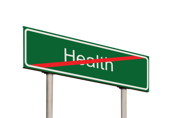 糟糕的卫生保健概念，绿色路标路标，白色文字被划掉，红色条纹，灰色杆子，孤立的大详细的视角特写，白色框架卫生保健动机路边路标图片下载