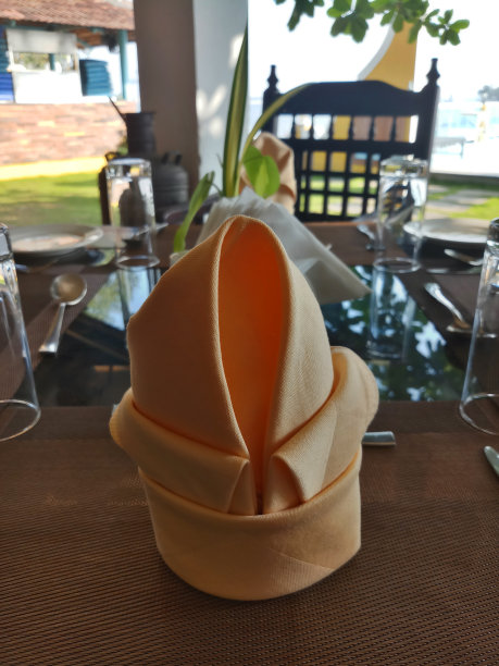 在餐厅餐桌上折叠餐巾的近距离图像，准备在户外用餐与海滩的看法，果阿，印度南部图片下载