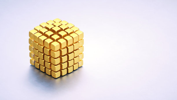 一种抽象的三维立方体形状，由更小的金色立方体在明亮的金属表面制成图片下载
