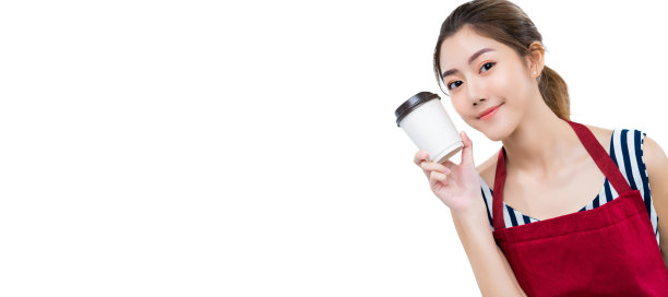 美丽迷人的亚洲女性女人咖啡厅老板穿着围裙休闲装手握咖啡丁克微笑着自信和愉快欢迎孤立的白色背景图片下载