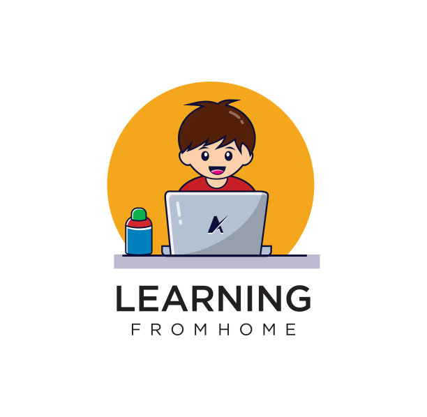儿童家居学习设计会徽图标象征徽章。学习在线模板。在线教育模板远程学习矢量设计。孩子们在笔记本电脑平面设计上工作图片下载