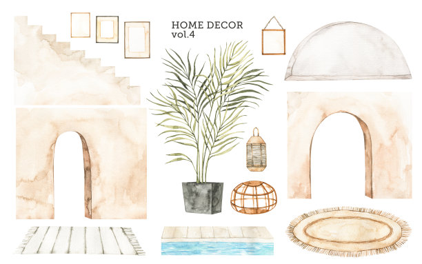 水彩设计元素的现代室内项目。Marrocco共鸣。家居装饰:楼梯，框架，弧，植物，地毯，灯。适合您自己的项目，海报，印刷品，杂志，卡片图片下载