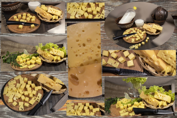 拼贴画。Сheese，牛奶，生菜，欧芹，莳萝。图片下载